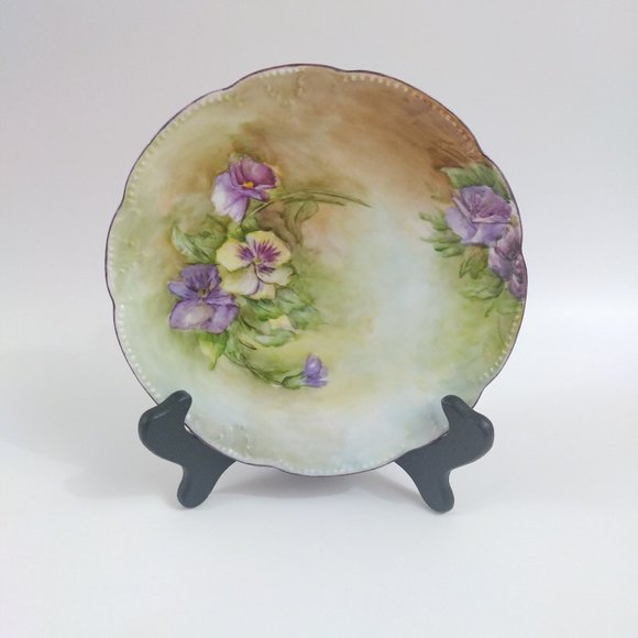 ADK Limoges France Plate Purple Pansies Signed NL Smith - Picture 1 of 5